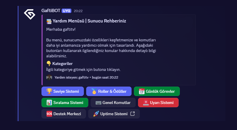 GaftiBot Yardım Menüsü Ekran Görüntüsü